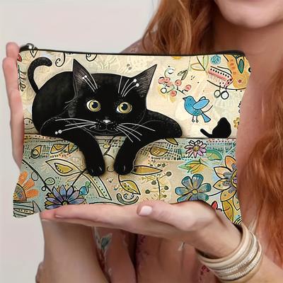 Chic Cat Pattern Canvas Makeup Bag - Versatile Storage Pouch for Cosmetics, Toiletries & Stationery - Ideal Teacher's Gift
