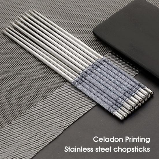 5 Pairs Food Stick Porcelain Pattern Anti-Slip Stylish Stainless Steel Chinese Food Chopsticks for Home