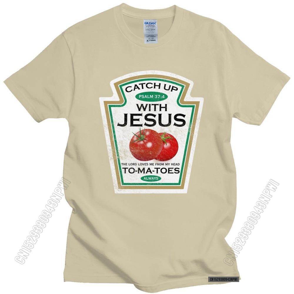 Lustiges Catch Up With Jesus T-Shirt Herren Vintage Vegan Tomaten T-Shirt Christliches Geschenk Veganismus O-Ausschnitt Baumwoll-T-Shirt Merchandise