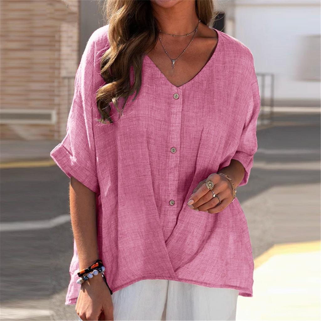 Women's Solid V-Neck Pullover Button Down Short Sleeve Shirt Casual Top Lightweight Tops
