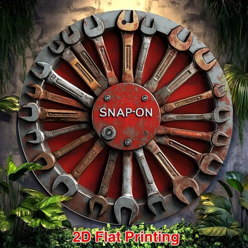 Hisun Tin Sign Vintage Snapon Wrench Tools Retro Metal Tin Painting Rustic Distressed Mechanic Logo Round Wall Art Decor Classic Automotive 20x20cm