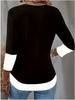 Elegant V-neck Black and White Color Block Women's T-shirt 2025