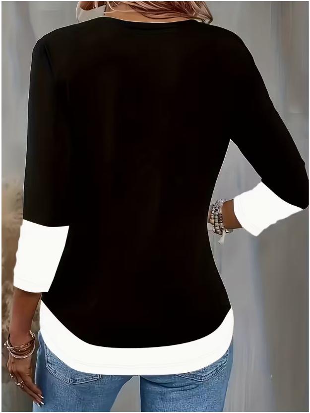 Elegant V-neck Black and White Color Block Women's T-shirt 2025