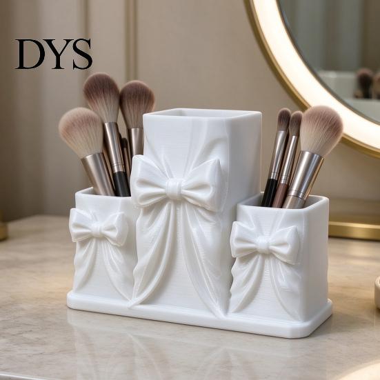 Minimalist Makeup Holder for Bedroom 3D Printed Storage Box with Bow Design, Desktop Cosmetic Organizer Gift Lovers Vanity Table, Three Compartments