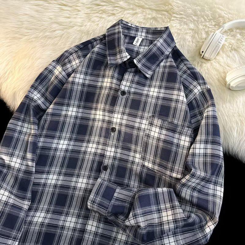 Men's Chic Korean Style Retro Plaid Long-Sleeve Sun-Proof Cardigan Shirt - Autumn Fashion