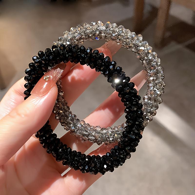 2pcs Exquisite Crystal Beaded Hair Ties for Women, Bun Style, Elegant Bracelet, Rhinestone Ponytail Holders, Hair Additions, Elastic Bands