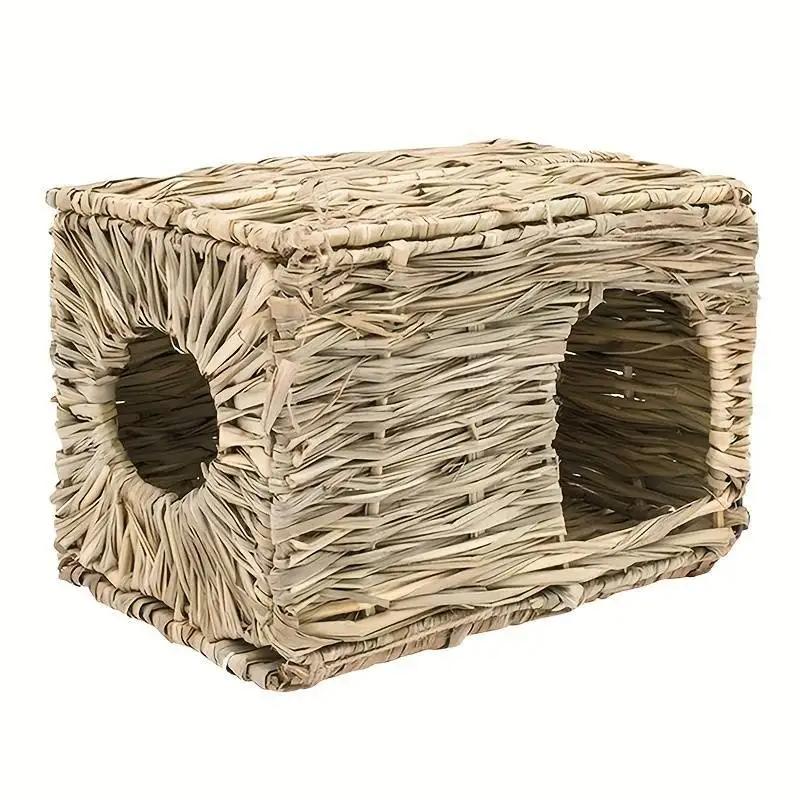 Grass House for Rabbit Foldable Woven Rabbit Cages Hamster Guinea Pig Grass Chew Toy Mat House Bed Nests for Animal Accessories