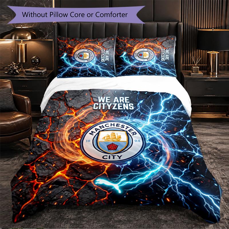 Set Lenzuola Manchester City Modello 3 Pezzi Morbida Copripiumino in Microfibra con Federe per Camera da Letto