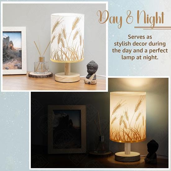Night Lamp - Wheat Themed Bedside Reading Lamp with Wooden Base for Night, Bed Room, Living Room, Home & Decor