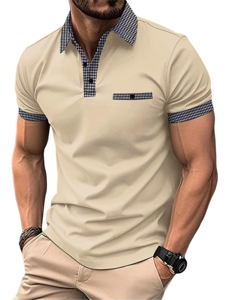 Men's Summer Fashion Loose Polo Shirts Short Sleeve Plaid Turn-down Collar T-shirt Top