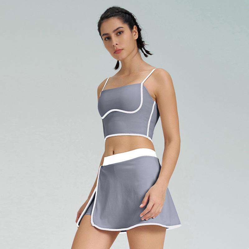 Women's Slimming Contrast Color Tennis Set, Quick-Dry Yoga Fitness Vest & Skirt with Chest Pads, Two-Piece Activewear.
