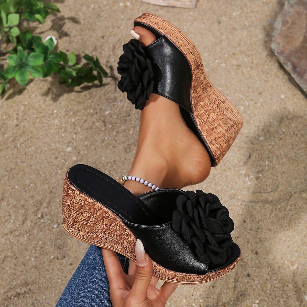 

2025 летние шлепанцы с подошвой-маффином, модные женские шлепанцы с цветком, на толстой подошве, на танкетке, повседневные шлепанцы, пляжная обувь 36 чёрный