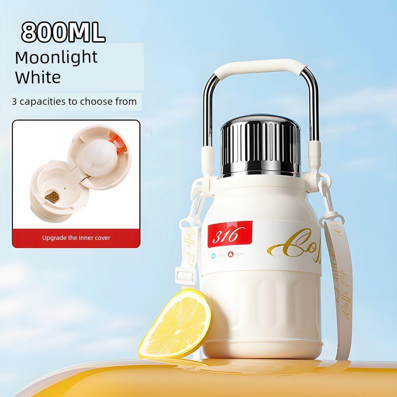 

Large-Capacity Thermos Cup 1500ml 316 Stainless Steel Thermos Pot Outdoor Portable Sports Tea Kettle for Men and Women Students Moonlight White-800Ml+Cup Strap