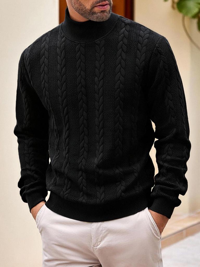 European Men's High Collar Wool Sweater - Solid Color, Warm Jacquard Knit for Autumn/Winter
