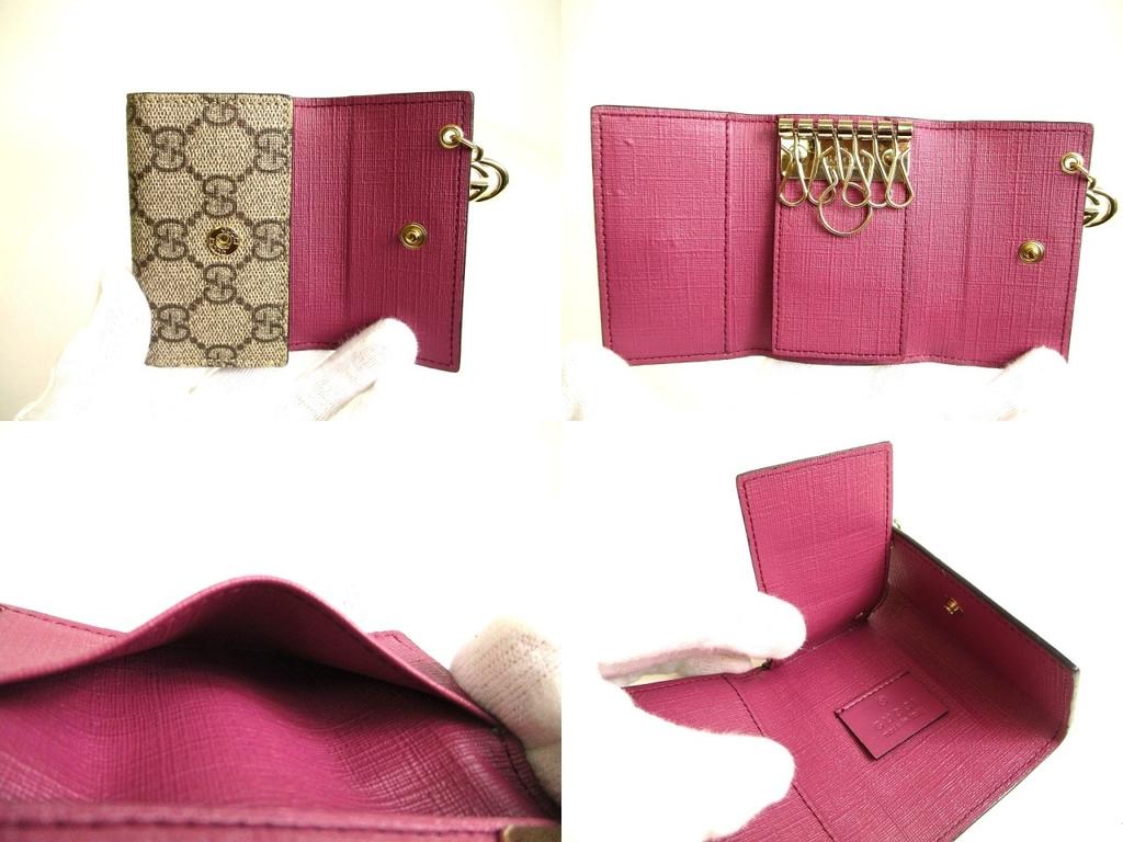Authentic GUCCI GG Coating Canvas Wine Red Leather 6 Pics Key Chain #a902  Refurbished