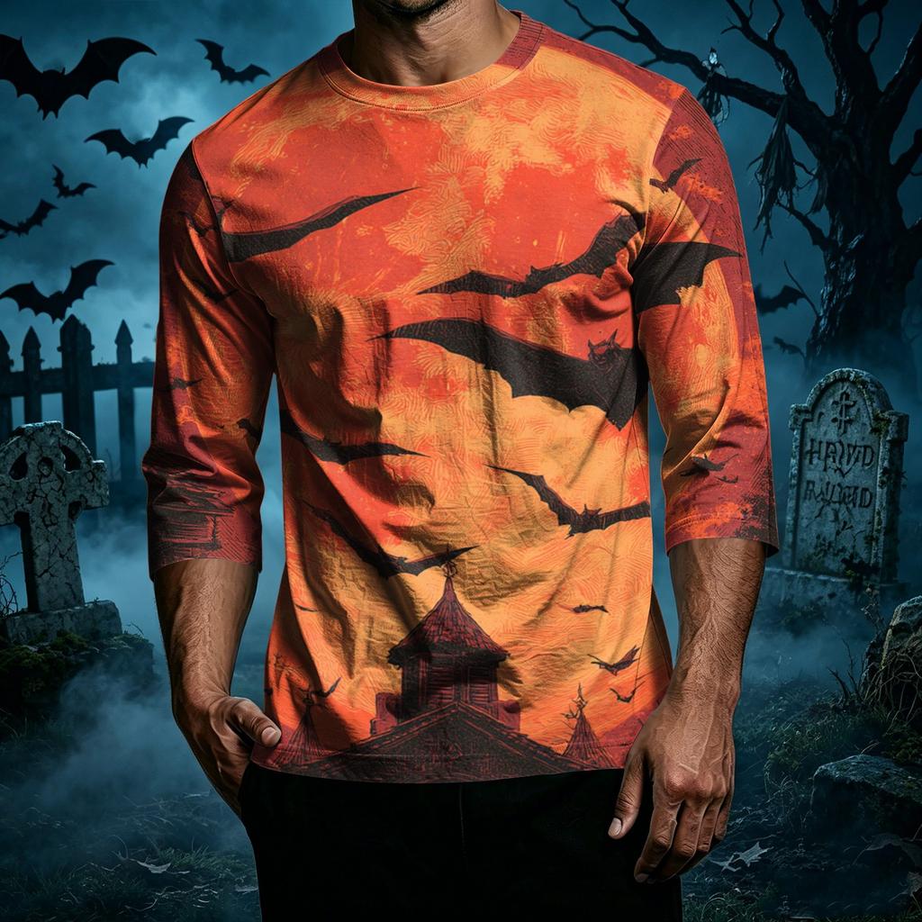 Men's Casual Halloween Print Crew Neck T Shirt Three Quarter Sleeve Top with Graphic Design for Seasonal Wear