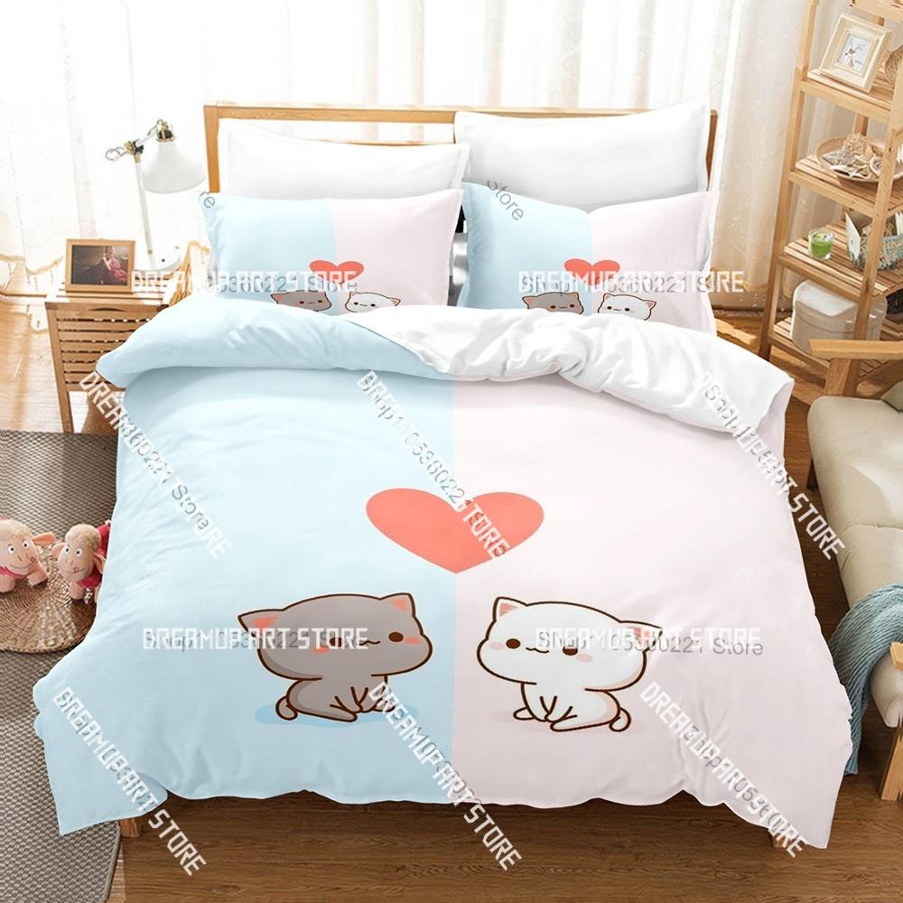 Fashion Adorable Peach And Goma Cat Bedding Set Single Twin Full Queen King Size Bed Set Kids Bedroom Duvetcover Sets Bed