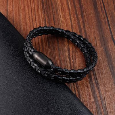 Sporty Style Geometric Stainless Steel Magnetic Clasps Genuine Leather Bracelet For Men Women Hand Jewelry Birthday Gift