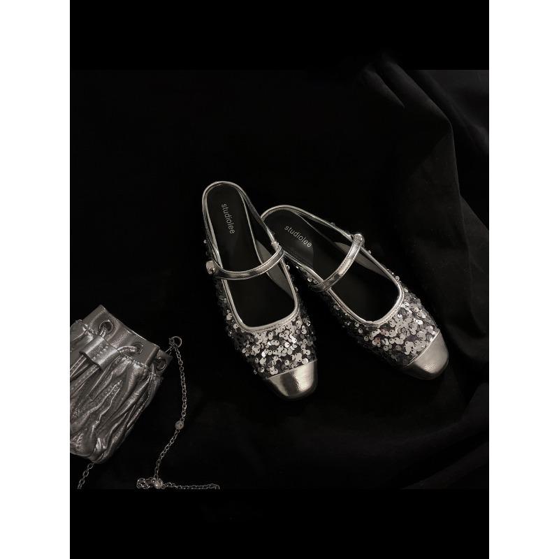 

~ Delicate bow pearl shallow mouth round head flat bottom sheepskin ballet single shoes women s spring and autumn 40 серебряный