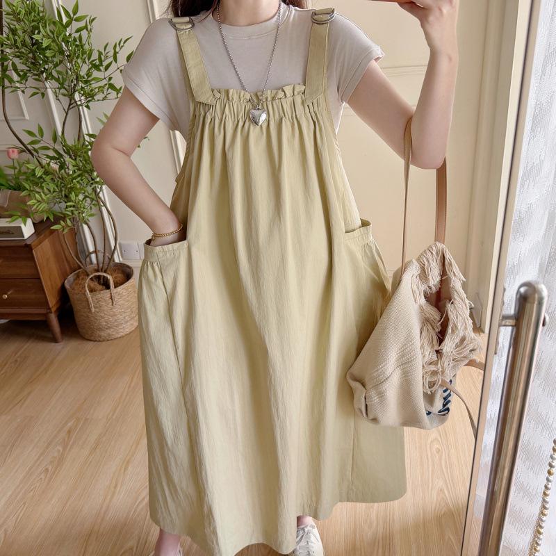 Chic Summer Maternity Set: Stylish Short-Sleeve Top & Loose Plus-Size Suspender Skirt (2-Piece) XL