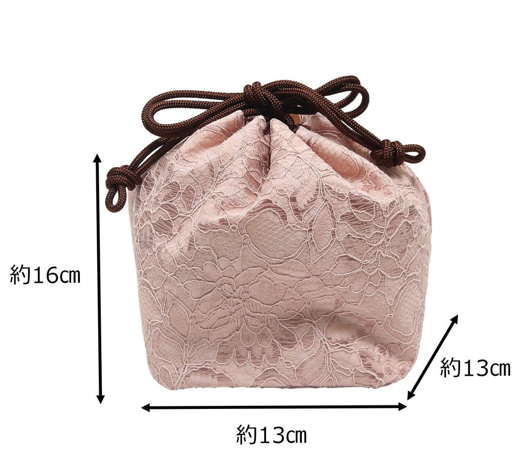 [Hasegawa] Lace Drawstring Bag, Square Bottom, Japanese Style, Kimono, Yukata, Made In Japan (Pink)