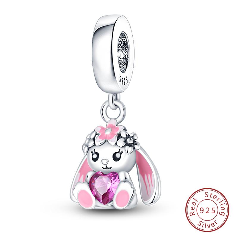Fit 925 Silver Charms Beads Little Bear Lamb Little Flying Pig Pink Charms For Women DIY Birthday Jewelry Gift