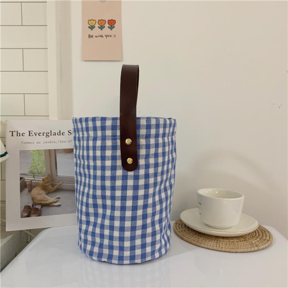 

Korean Style Vacation Tote Bag Fresh Color Handbag Literary Plaid Canvas Bucket Bag Travel синий