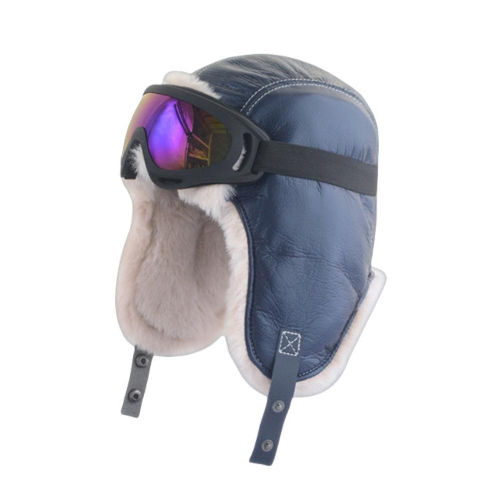 Warm Kids Plush Pilot Hat PU Leather Ski Cap with Glasses Windproof   Winter