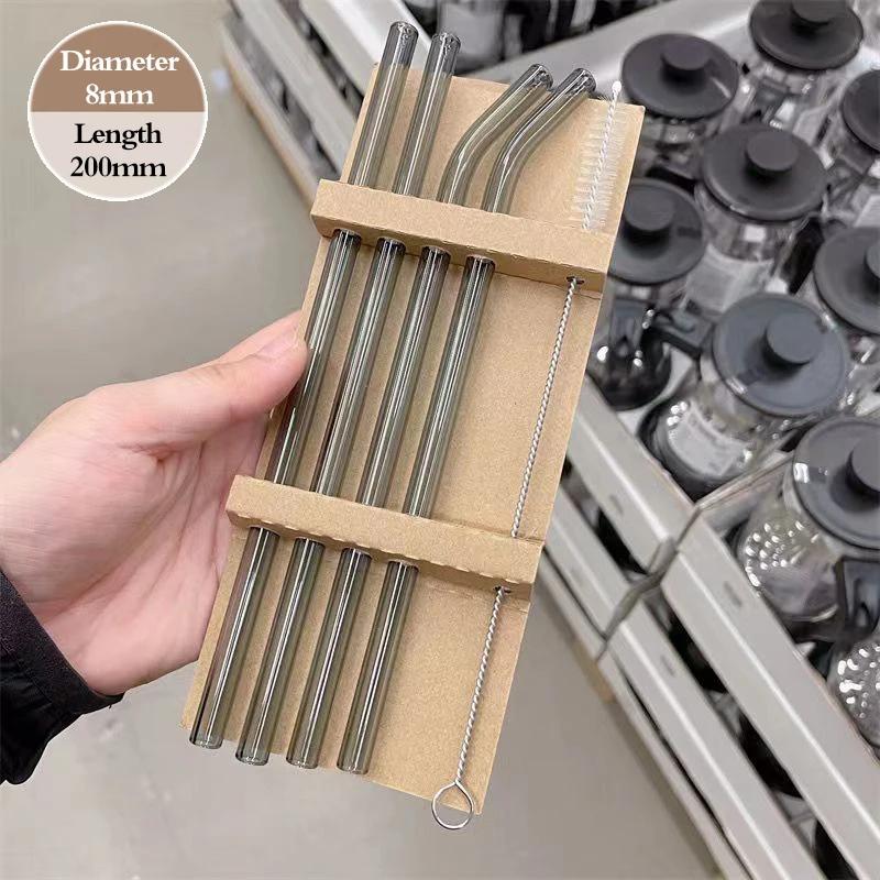 4PCS Reusable Glass Straws Multi-Color Drinking Straw for Milk Tea Juice Cocktail Straight & Bent Straw with Cleaning Brush