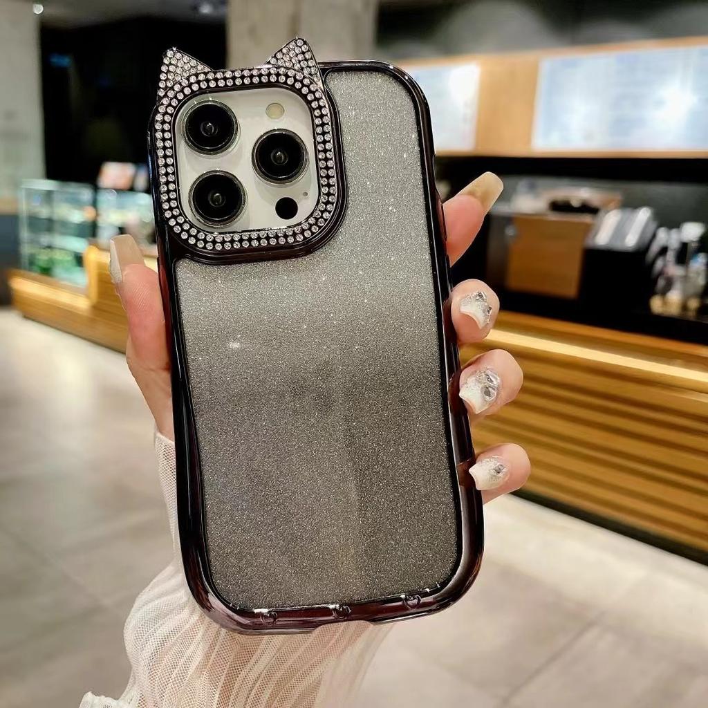 Diamentowe Uszy Kota Odpowiednie do Etui na Telefon IPhone16 Gradientowy Brokatowy Puder Apple 15 All Inclusive 14ProMax Miękkie Etui 13