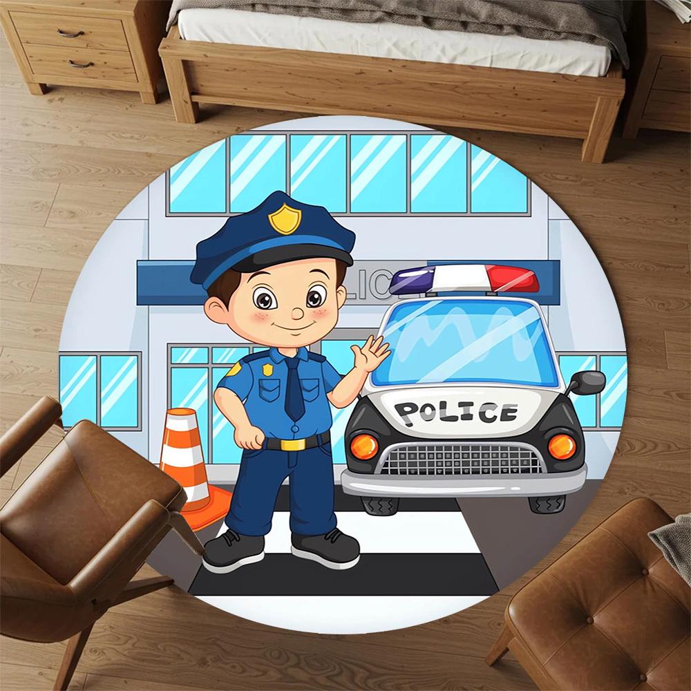 1pc Police OfficerPolice Car Round Chair mat Area Rug - Non-Slip, Floor Mat for Office, Bedroom, home decor Christmas Gift p0811434