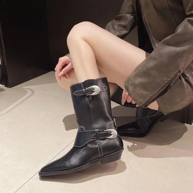 Fashion Ladies Shoes On Sale 2025 High Quality Zipper Women's Boots Spring Autumn Round Toe Solid Middle Tube Chunky Heels Fashion Boots