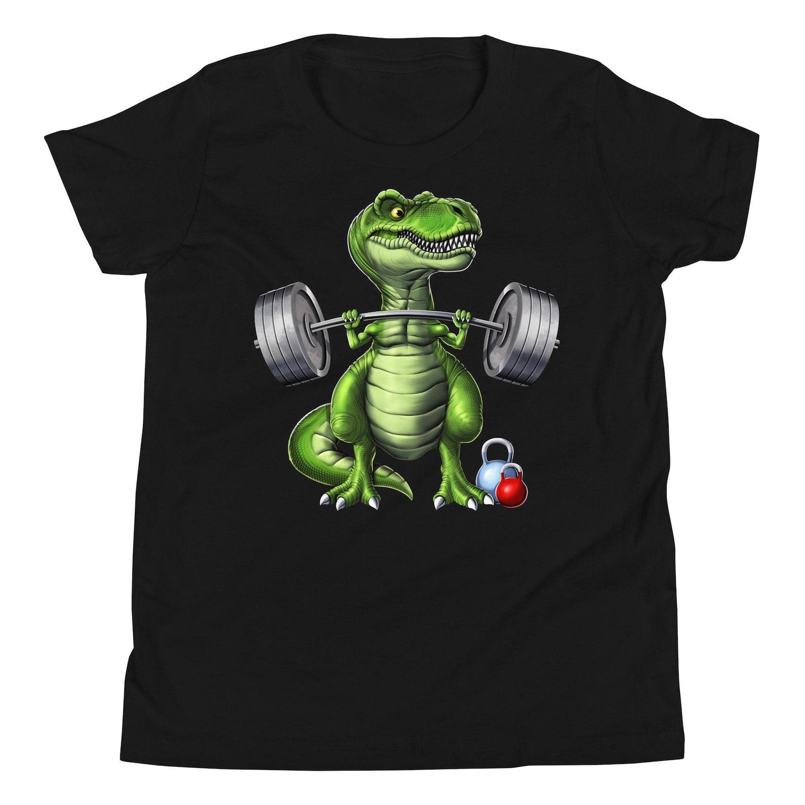 T-Rex Dinosaur Fitness Kids T-Shirt, Gym Workout Boys Tee, Bodybuilding Shirt, Bodybuilder Weightlifting Clothes, Exercising Clothing 120