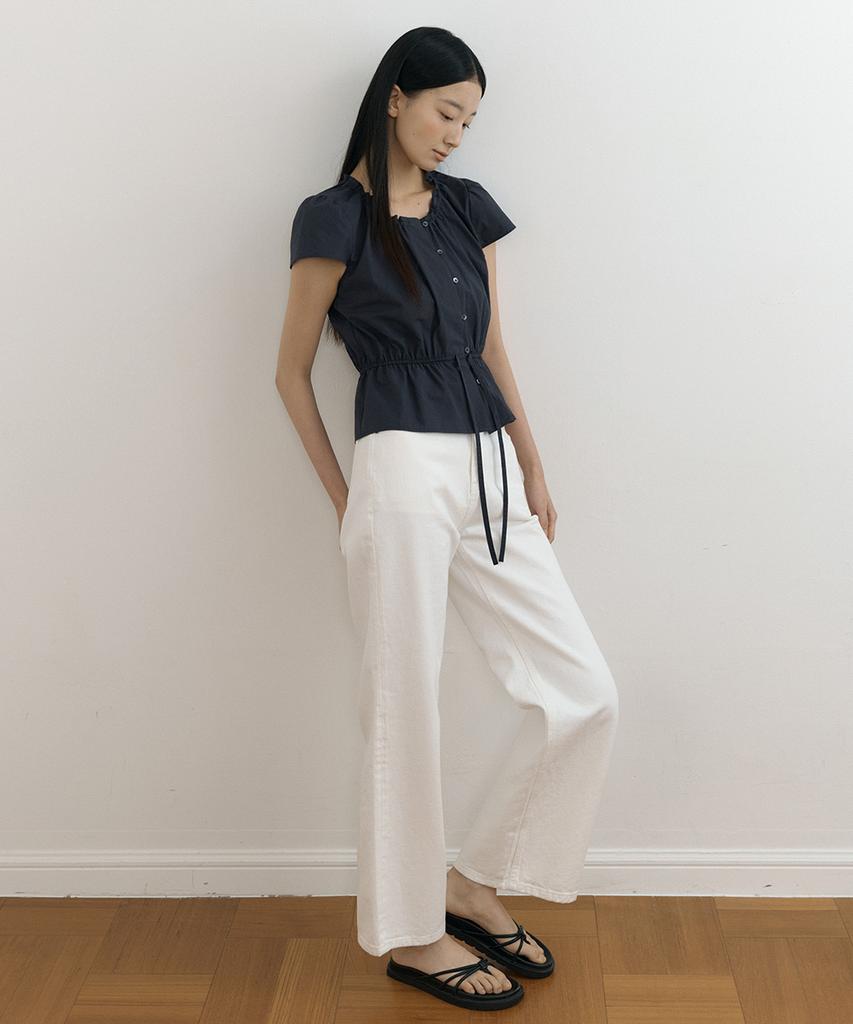 Lingseoul Shirring Peplum Blouse-Navy