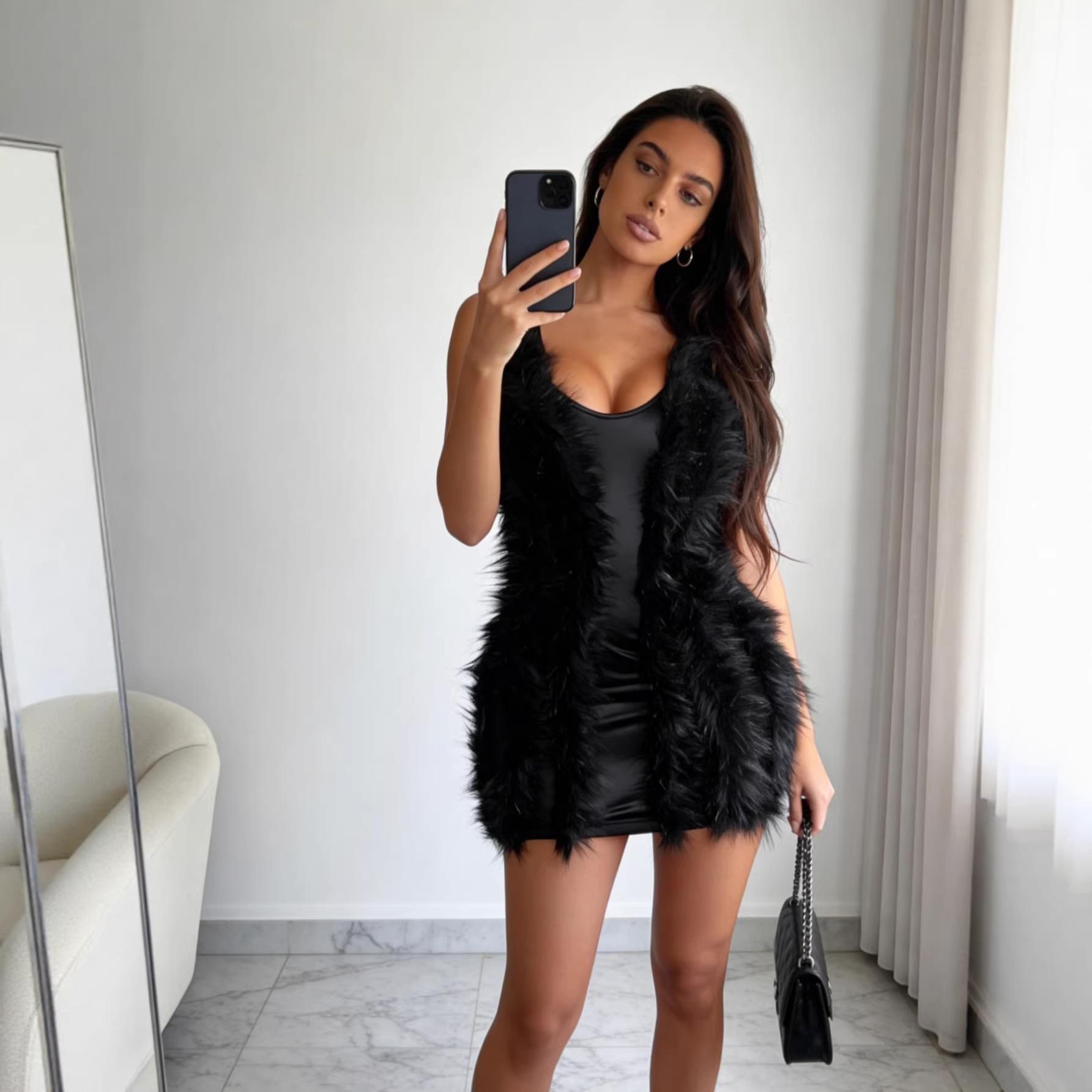 

Black Slim Fit Plush Splicing Buttocks Short Skirt Nightclub Style Mini Dress Multi-platform Direct Supply XS чёрный