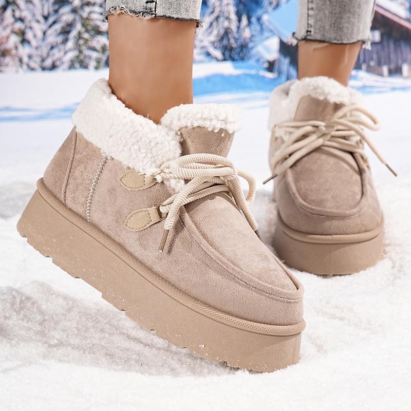 Fashion Women's Warm Snow Boots Winter New Round Toe Lace-Up Pile Front Platform Cotton Non-Slip Cotton Boots