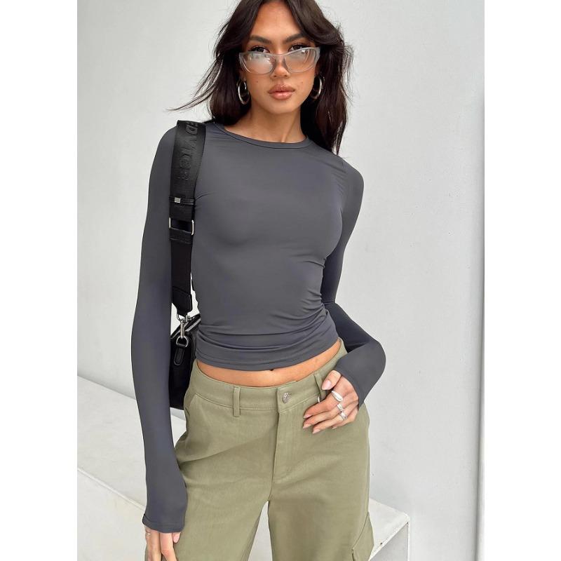 Women's Spring New Shirt Solid Color Crew Neck Bottom Shirt Slim Wear Hand Long Sleeve Top Women