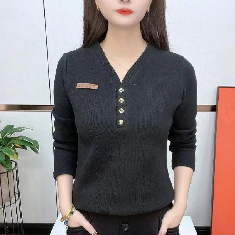 Velvet V-neck Bottoming Shirt for Women, Autumn and Winter Long-sleeved T-shirt, Fashionable and Versatile Elastic Warm Top