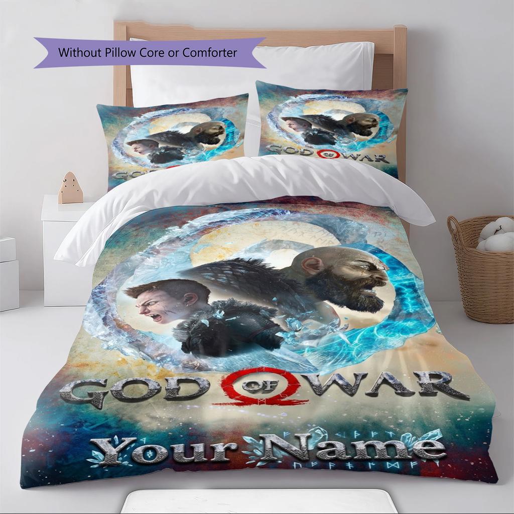 Name Custom God of War Pattern Bedding Set Quilt Cover Pillowcase Home Decor Gift (1 * Duvet Cover + 2 * Pillowcase, Without Core)