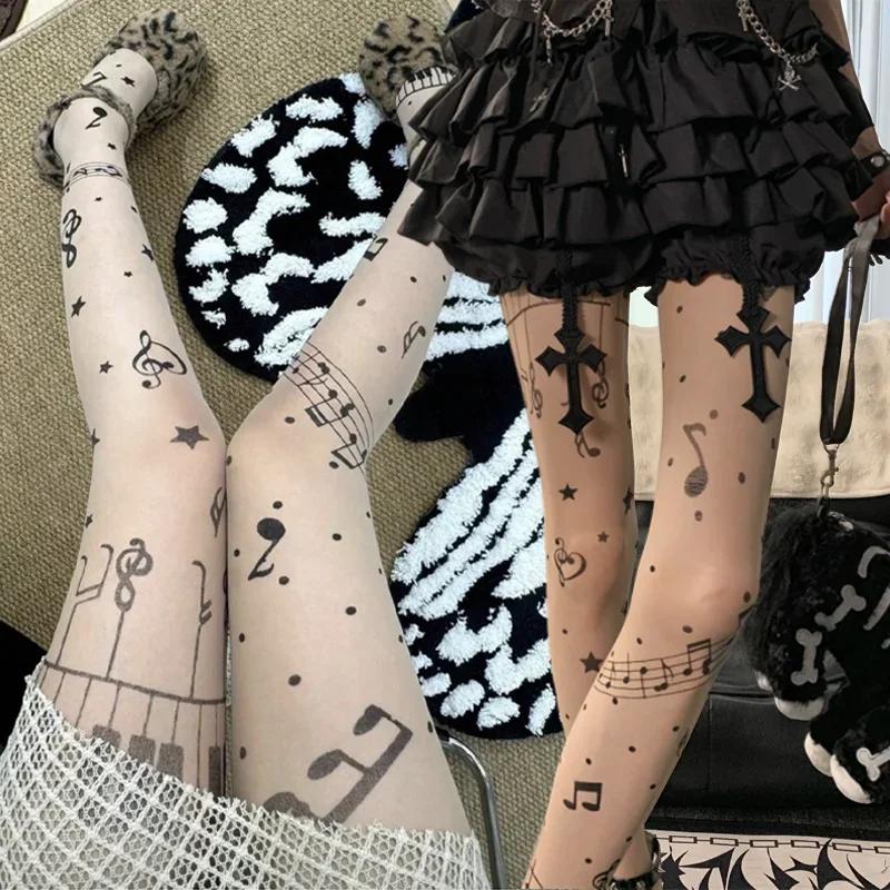 Women  Stocking Gothic Music Notes Print Tights Thin High Elasticity Black Skin Leggings Spicy Girls Y2K Hosiery