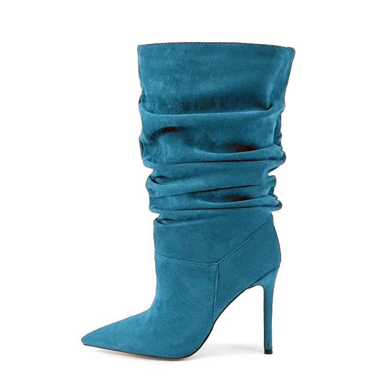 Soleist Stivali Alti da Donna con Tacco a Spillo Pieghettati Punta Affusolata 35-47 Scarpe Taglie Grandi Stivali da Donna di Media Lunghezza Autunno e Inverno