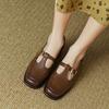 2026 Lente Nieuwe Dames Schoenen Bruine T-band Leer Schoenen Dames Pumps Dames Hoge Hak Schoenen Ronde Neus Retro Schoenen Vrouw Casual