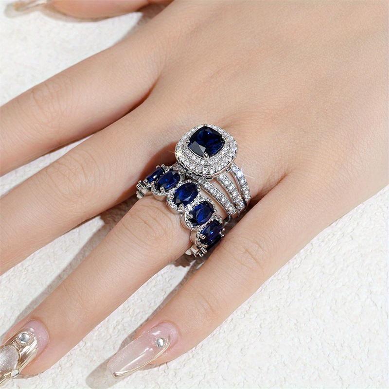 Elegant Silvery Color Blue Stone Ring Set Wedding Band Valentine's Day Jewelry
