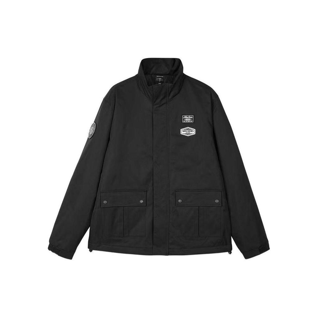Skechers Colorful Casual Series Letter Zipper Stand Collar Sports Jacket Men jackets Carbon-Black L423M123-0018