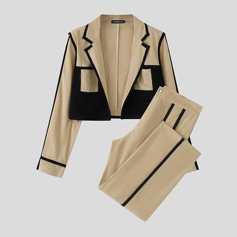 

INCERUN Two Pieces Men Stitching Long Sleeve Cropped Jackets and Long Pants Corduroy Outfits Sets XL абрикосовый