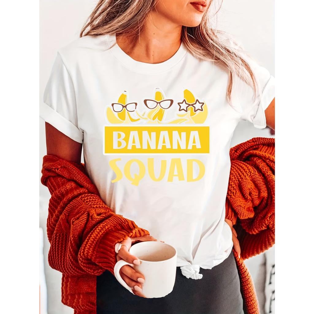 Glasses Banana Squad Fashion Letter Print T-shirt, Short Sleeve Crew Neck Casual Top for Summer & Spring, Women's Clothing