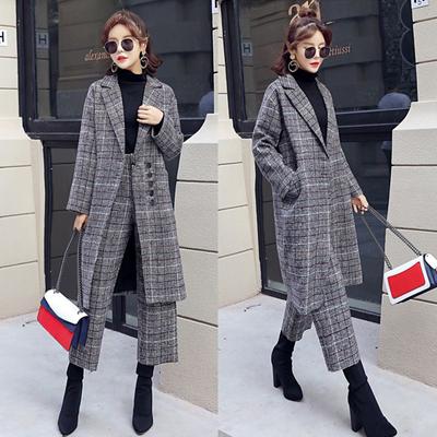 Fashionable Plaid Wool Blend 2-Piece Suit with Long Blazer and Wide Leg Pants for Women