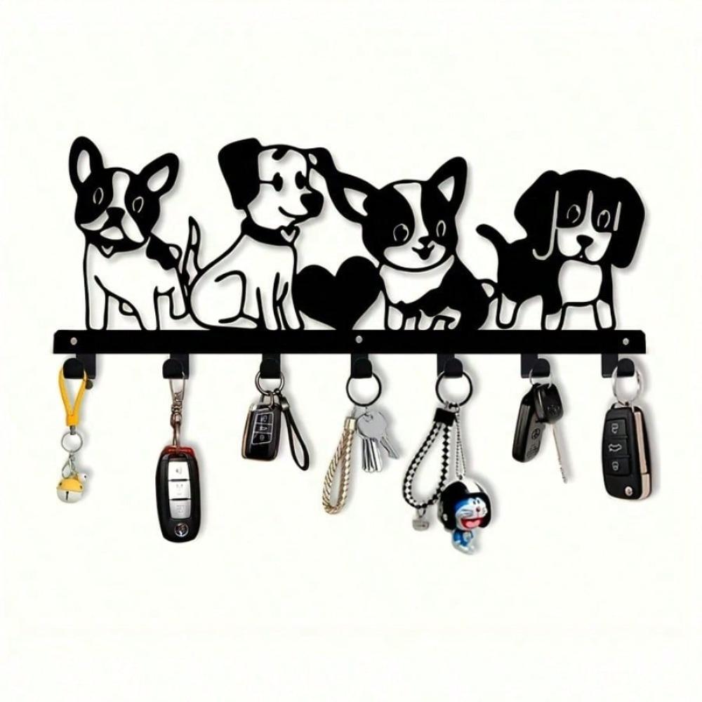 Metal Wall Art Key Hook with 4 Cartoon Dogs Modern Home Decor for Bedroom Living Room Bathroom Rustproof Gift