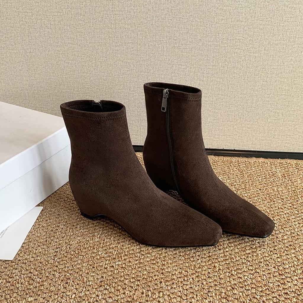 Invisible heightening short bare boots 2025 autumn and winter new retro temperament versatile square head rear zipper thin elastic boots