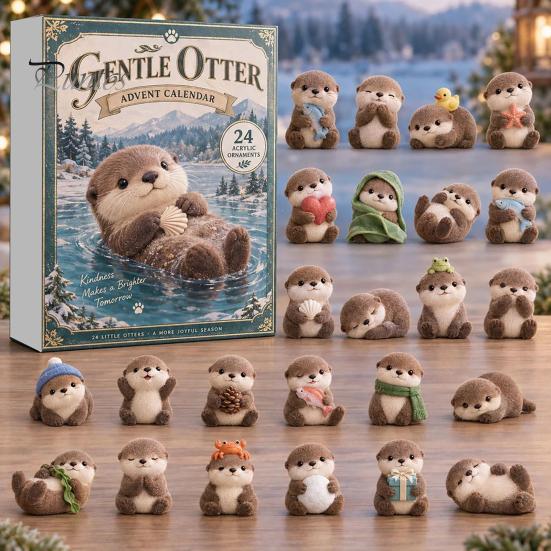 Otter Advent Calendar Otters Calendars 2026, 24 Days 2D Flat Acrylic Ornaments Christmas Miniature Animal Figures Countdown Calendar, Cute Cartoon